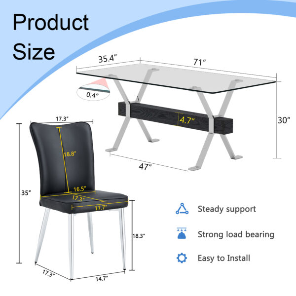3ced5e67a0bf4a559b7288b344113665_86b670ef5df48038e39d472933328e2a Table and chair set.Elegant Transparent Tempered Glass Dining Set - 71"x35.4" with 8 Black PU Chairs with a vertical stripe design on the backrest.