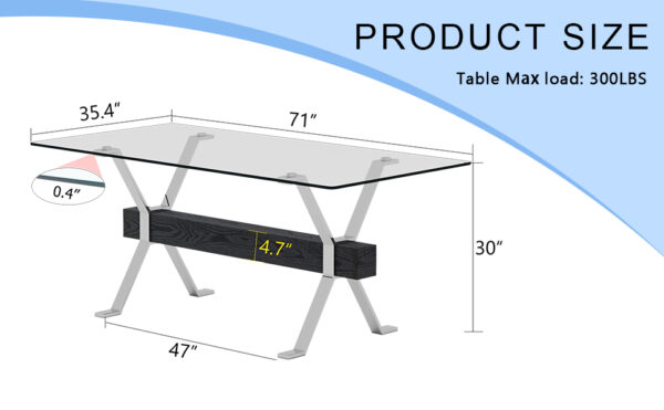 3d0231cebd5b42ebb922200efafdb2d4_e2cd0b8532a8cbb701d56f7333a2242c Dining table. Modern tempered glass dining table. Large modern office desk with silver plated metal legs and black MDF crossbars, suitable for both home and office use. Kitchen. 71 ''x35.4''x30 ''