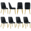 8 modern dining chairs, sleek PU backrest, and gold metal legs bring a comfortable home experience to the kitchen, bedroom, and office.Black PU Chairs with Simple Line Designs On The Backrest.