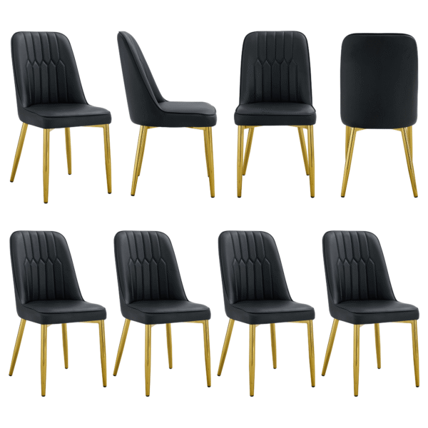 3d03f279d2c9422e95e4c91d0a942594_5bde064d4c440079359b28a641c17dde 8 modern dining chairs, sleek PU backrest, and gold metal legs bring a comfortable home experience to the kitchen, bedroom, and office.Black PU Chairs with Simple Line Designs On The Backrest.