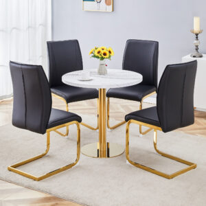 Table and chair set.31.5 Inch Elegant White Marble Pattern Round Dining Table - Suction Molding Annular Texture.Paired With 4 Black PU Material High Resilience Dining Chairs.