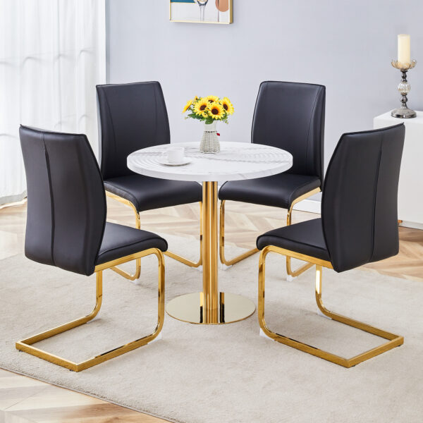 3d18281f18234958962cbaa4e2cc511c_2b03a05412e9bd4a80ecc0dedce8fc18 Table and chair set.31.5 Inch Elegant White Marble Pattern Round Dining Table - Suction Molding Annular Texture.Paired With 4 Black PU Material High Resilience Dining Chairs.