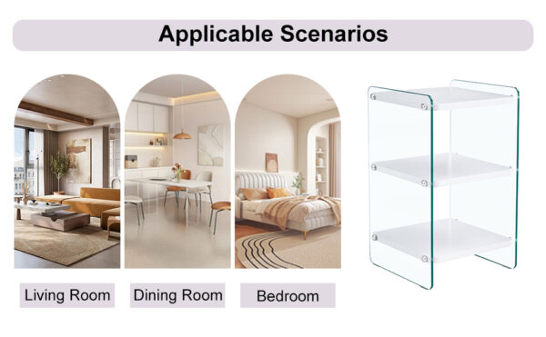 3d3d887c7d09460e85c6c8be3c19b001_c869904fafd8c4d9eb345e30f6529d6d Three levels of bedside tables. The board surface is MDF, with white stickers, and both sides are transparent tempered glass. The design is simple and generous, with storage function.