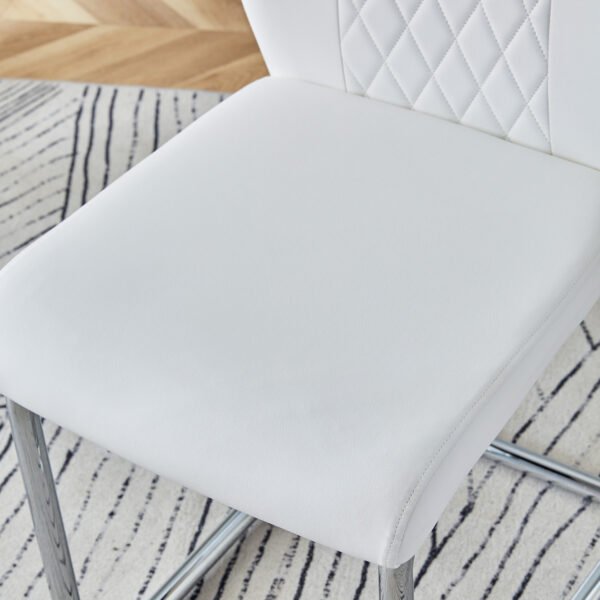 3d47ed4ad2d3447990b0f990650b2c2c_3d7a64b14d1253b0baf1442e77cfecb6 Table and chair set.64.5 x 35.4 Inch Stylish White Marble Textured Dining Table,Perfectly Blending Simplicity And Transparency.Paried With 6 White High-quality PU Chairs With Arched Silver Metal Legs.
