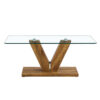 A modern minimalist style coffee table. Transparent tempered glass tabletop with wooden MDF columns. Suitable for living room and dining room.  CT-V