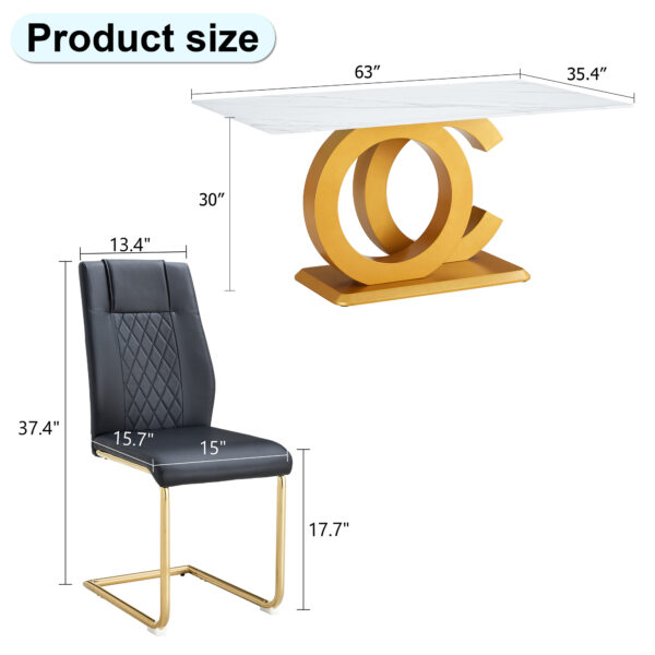 3d631bd2e3424412a49b720d0eb42833_4c5077ed509b576c3ba47e10b6bb6f16 Table and chair set.Subtle Luxury Tempered Glass Dining Set - 63"x35.4" with 6 Black PU Chairs with golden C-tube metal leg.Arched Metal Gold Leg.White imitation marble texture sticker Tabletop.