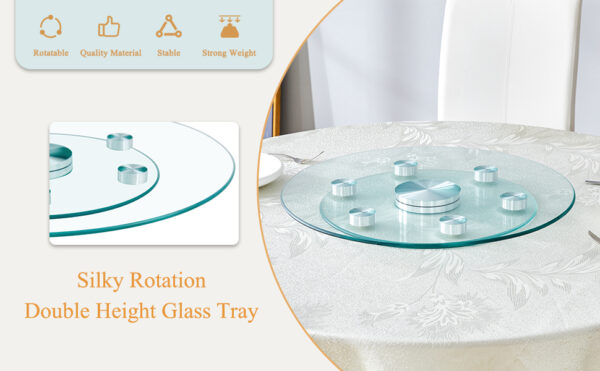 3d776eab2615492ab55b4c966dbf2e57_1d26ede6cd4db20807fd7ad91837850d Double layer rotatable round glass.The rotatable design makes it more convenient to retrieve and place items.The upper glass has a diameter of 20 inches, while the lower glass15 inches.