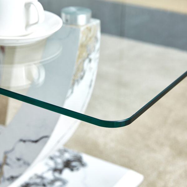 3d9809ead5b6486f9e1e0f3feca45a3e_20240206_545924bf4a4ea42d7c0e79033dd4d3b5 Modern minimalist transparent tempered glass coffee table with marble patterned MDF legs and stainless steel decorative columns. Computer desk. Game table. CT-907