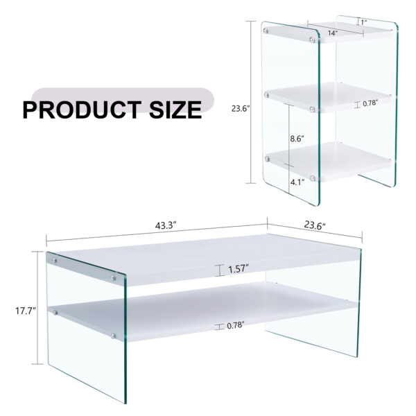 Three-tier bedside table and bunk coffee table set. Made of MDF with white stickers and clear tempered glass on both sides. The design is simple and elegant, with powerful storage functions