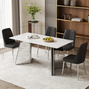 Table and chair set.63"x31.5x30" Luxurious Snow Mountain Patterned Sintered Stone Table with Silver Metal Butterfly Legs.Paired With 4 Black Chairs With Silver Metal Legs.Modern Light Luxury.