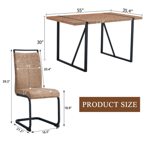 Table and chair set.A retro rectangular dining table with a wood color fishbone textured top and black metal legs.Paired With 4 Brown technology fabric chairs with Featuring arched black legs.