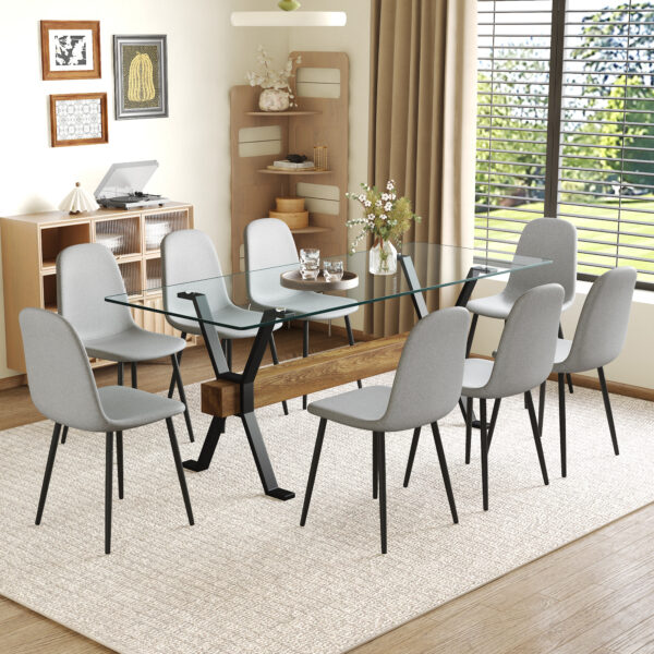 3de238b763044a0e80b3281a141c791a_173f27dd8d0004882094bd89b3ae74e9 Table and chair set.79"x31.5" with X-shaped Black Metal Table Legs,Wood Grain Textured MDF Crossbeam.Paired With 8 Chairs Made Of Light Gray Lnen Fabric.Iron pipe spraying Legs.
