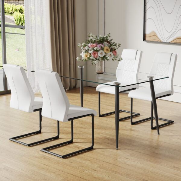 Modern minimalist rectangular transparent tempered glass dining table, 0.4 inches thick, black metal legs, suitable for kitchen, dining room, and living room 63 "* 35.4" * 30 " DT-1544