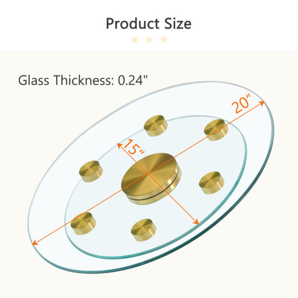 3defa3c22f214144a66e9ccc7f261ea9_d67e73301815e760927dd1f6e73ae0a8 Double layer rotatable round glass.Golden aluminum plate,The rotatable design makes it convenient to retrieve and place items.The upper glass has a diameter of 20 inches,the lower glass15 inches.