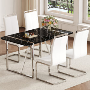 Table and chair set.A rustic industrial rectangular MDF black dining table with  MDF desktop and electroplated silver metal legs.Paried with 4 chairs  with PU cushion and metal legs.
