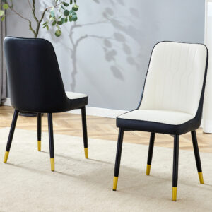 Modern Two-Tone PU Dining Chairs - White and Black spliced chairs With Gold Decorated Legs.White and Black spliced,Black Metal Legs,Set of 2 chairs.