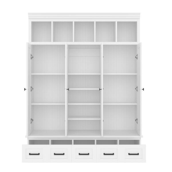 U-Can 78.7''H Hall Tree with Bench and 5 Storage Cubbies, Modern Entryway Storage Organizer Cabinet with 4 Doors, 5 Drawers and Adjustable Shelves for Hallway, Entryway, Living Room