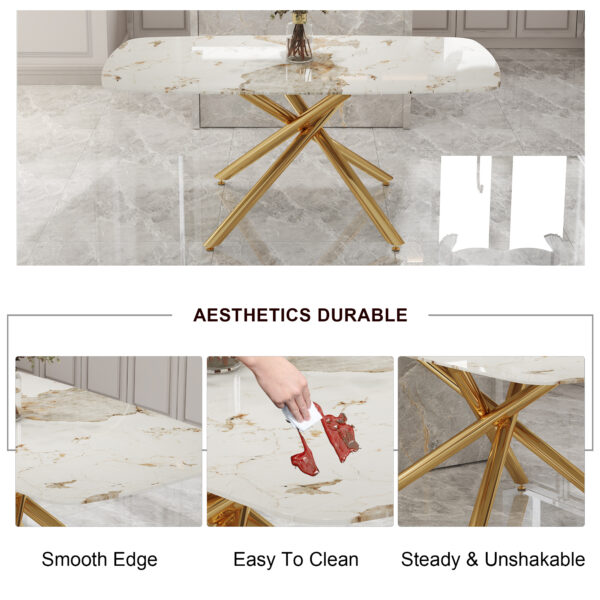 3e2d5c22f253457e92700cdda70820f5_77b0c28328f68696e85e95ad1e6949f5 Table and chair set.Modern Luxurious Tempered Glass Dining Table Set with Gold Metal Legs and 8 PU Chairs.White marble-patterned sticker tabletop,black chairs with gold metal legs.