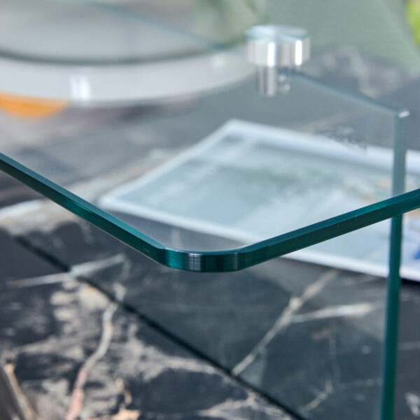 3e586039ffbe4058b0de39987ac555dc_5ae2ba45dc40010f675b9386b5e5c636 31.4 Inch Modern Two-Tier Square Coffee Table - An Elegant Combination of Clear Glass and Black Marble Pattern Sticker.It can be used as a coffee table,a side table or a display stand.