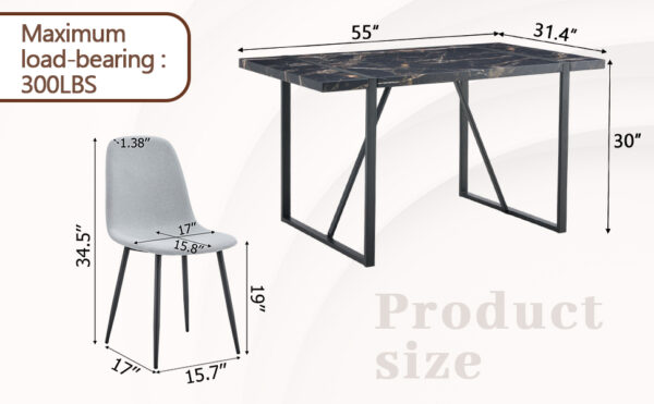 3e69263503bd482896d9a4b9d1ffbfc1_072f55d70771e59372dde59714308aac Table and chair set.Modern Black Marble Pattern MDF Dining Set - 55"x31.4" with 6 Light Gray Linen Fabric Chairs.Iron Pipe Spraying Chair Legs.Suitable for kitchen,Dining room,etc.