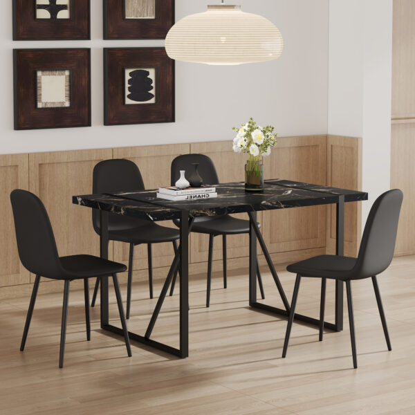 3e827659e3cd4c6cbfd52d38aa66e917_3f9c4a232adf89af80d9483bb21c5088 Table and chair set.Modern Black Marble Pattern MDF Dining Set - 55"x31.4" with 4 Cat Claw PU Chairs.Modern Mid-Century Style Upholstered Side Chairs,Spoon Shaped Chairs.Four Chairs per Box.