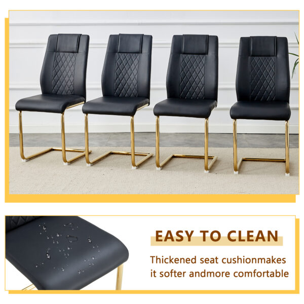 3e920029a9f2451da31a787d1a18c796_2a71bfe5618b1419c4a27a3a9f866860 Table and chair set.71 * 35.4 inch rectangular dining table.Tempered Glass Tabletop,Golden 7-shaped Metal Table Legs.Paried With 8 Black High-quality PU Chairs With Arched Metal Legs.W1151S03301