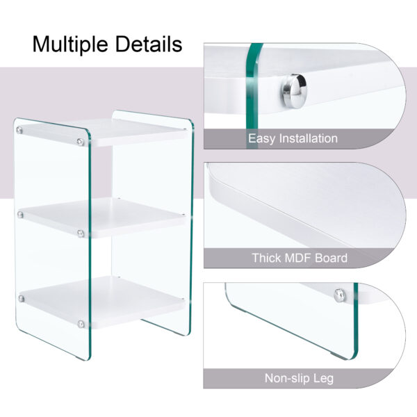 3ec61cea761b41adaaf2de3c02ccbd33_2489967ba97a33fd61c68b9d6baa142e Three levels of bedside tables. The board surface is MDF, with white stickers, and both sides are transparent tempered glass. The design is simple and generous, with storage function.
