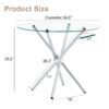 Round clear glass dining table with a unique shape for 4-6 people, with ring-shaped gathered silver metal legs, suitable for desks, kitchens, terraces, dining rooms.