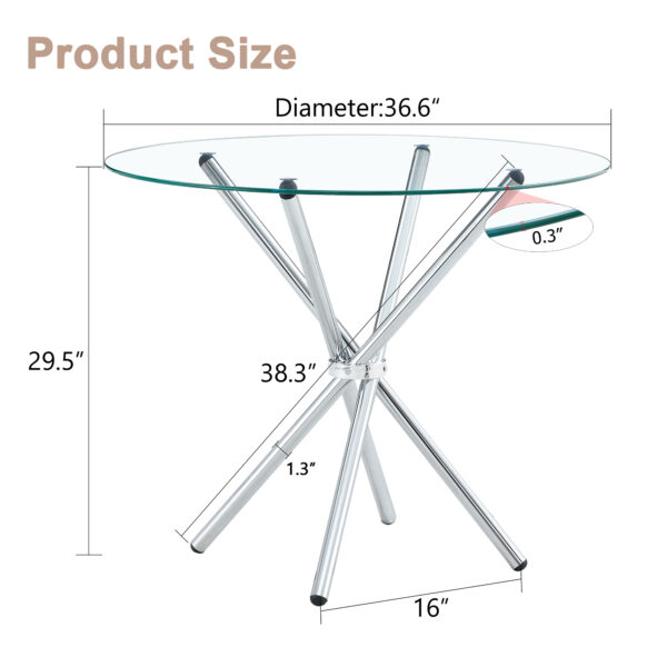 3ecf0baf4e1842bcb6a329c697a20692_60a2bd6fab13d1a26acffdefffac7afb Round clear glass dining table with a unique shape for 4-6 people, with ring-shaped gathered silver metal legs, suitable for desks, kitchens, terraces, dining rooms.