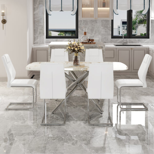 3ed9b20676af4c97b5009f6a8842656a_c89977cfa45d9532ab1961b0999e6540 Table and chair set.Modern Luxurious white Marble-Patterned Tempered Glass Dining Table with 6 Chairs.Single fork silver metal table legs.White high-quality PU dining chairs with silver metal legs.