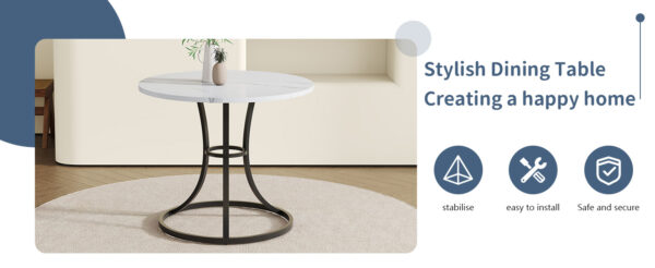3eea704fde45474f8dffb71cae8e53fe_82721f78b01b70b7daae48ab63f8ed35 A Modern Minimalist Circular Dining Table With A Diameter Of 33.3 Inches, An Elegant And Practical Choice.White Marble Textured Pattern Desktop, Paired With Uniquely Shaped Metal Leg.