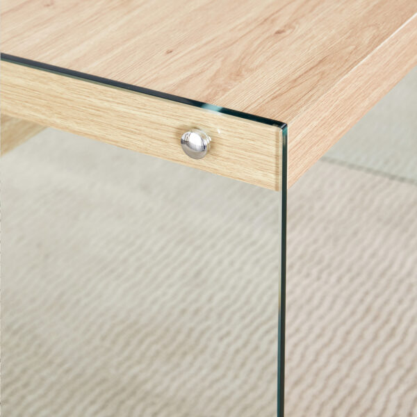 The top of the coffee table is made of medium density fiberboard and wooden stickers, with transparent tempered glass on both sides. The design is simple and elegant, with a sturdy structure.
