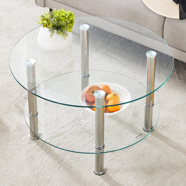 3f07273ceaf04e098b073a216bf1ad4d_11e8c5cf26154b04fc4f09ac96a1ed69 Contemporary Minimalist Double Layer Tempered Glass Coffee Table - 27.5" Top and 23.6" Bottom.Reinforced Glass Tabletop,Stainless Steel Silver Plated Legs.