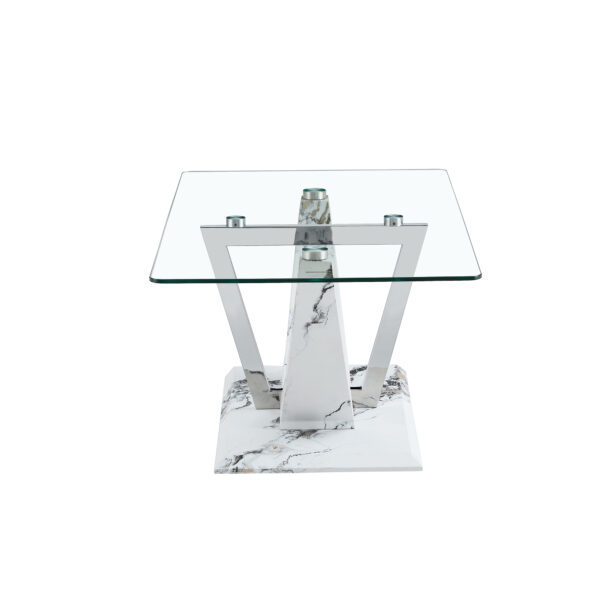 3f0d2c41484140f9a2093c54520d749a_20240206_05703c91d3441937835300f004defa08 Modern minimalist transparent tempered glass coffee table with marble patterned MDF legs and stainless steel decorative columns. Computer desk. Game table. CT-907