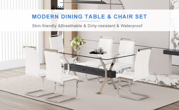 3f2b3d52a09b4a0784740174829e7c98_89a09d533149912e78ec6b79689b7c86 Table and chair set.Elegant Transparent Tempered Glass Dining Set - 71"x35.4" with 6 White PU Chairs with silver C-tube metal leg.