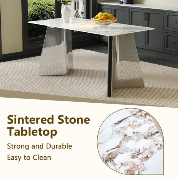 3f305c02eea64e848d0c8411b7034e96_3d50abe3b7c8c6740af8e71f605c0452 Table and chair set.63*31.4 Inch Luxurious Cold Jade Sintered Stone Dining Table Set - 6 White High-quality PU Chairs With Arched Silver Metal Legs.Perfect For Dinner Room,Meeting Room,Kitchen,etc.