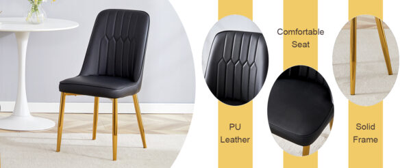 3f343d72c43c48749e8efec12fe8bd16_73bda161789bc4ab0a75f9eb66f69f36 Table and chair set.63"x31.5x30" Luxurious Pandora patterned Sintered Stone Tabletop with Golden Stainless Steel Butterfly Legs.Paried With 4 Black PU Chairs with Simple Line Designs On The Backrest.