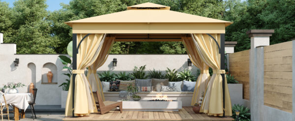 TREXM 10x12 Outdoor Gazebo Tent with Double Roofs, Patio Gazebo with Mosquito Netting and Privacy Screens, Patio Canopy for Shade and Rain for Backyard, Garden, Lawn and Deck (Beige)