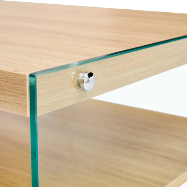 Three-tier side table and bunk coffee table set. The board is made of MDF with wood stickers and clear tempered glass on both sides. The design is simple and elegant, with powerful storage function