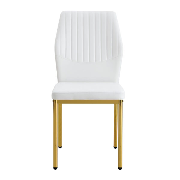 3f8ee8263f18480e824a5b36194a09e8_bbfcab810be838cb6965959110e3a23c Luxury Simple Chair - Set of 6 White PU Material High Resilience Dining Chair with Metal Gold Leg.The Chair Back Has a Vertical Stripe Design With Smooth And Uniform Lines.