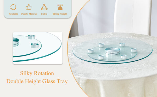 3f8f40a11423473c97cdadc6d29a0f8a_3d67ba7c38fdbd05ce0d641bef54914c Double layer rotatable round glass.The rotatable design makes it more convenient to retrieve and place items.The upper glass has a diameter of 24 inches, while the lower glass15 inches.
