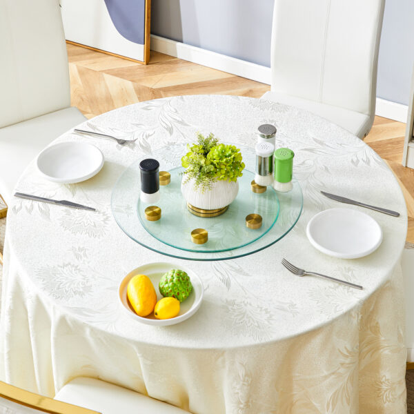 3fa2ad74348a4dc9a3a25b23abba7d1f_8714f96c58e780310a582bc783244eb4 Double layer rotatable round glass.Golden aluminum plate,The rotatable design makes it convenient to retrieve and place items.The upper glass has a diameter of 20 inches,the lower glass15 inches.
