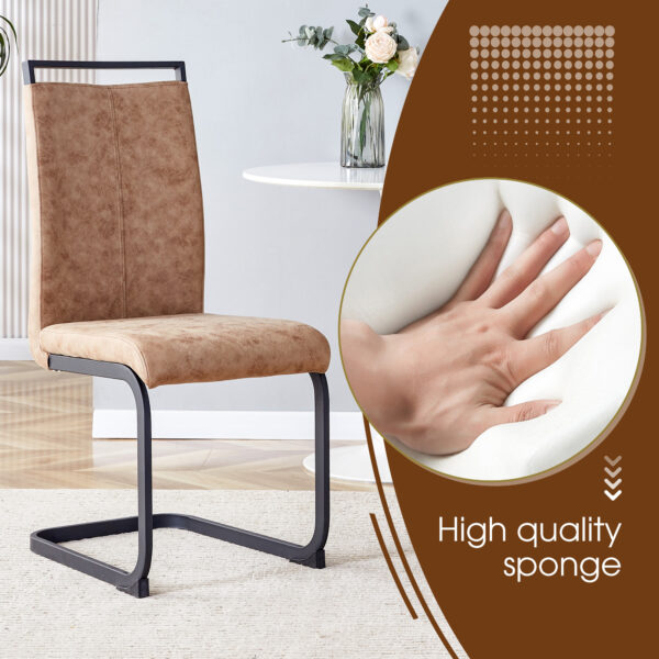 Table and chair set.A retro rectangular dining table with fishbone patterned MDF desktop and black metal legs.Paired With 4 Brown technology fabric chairs with Featuring arched black legs.