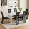 Table and chair set.63"*35.4" White Imitation Marble Pattern MDF Dining Table Set - 6 PU Chair With Black Saddleback, Geometric Pattern Backrest,Golen Curved Metal Leg..Suitable For Various Scenes.