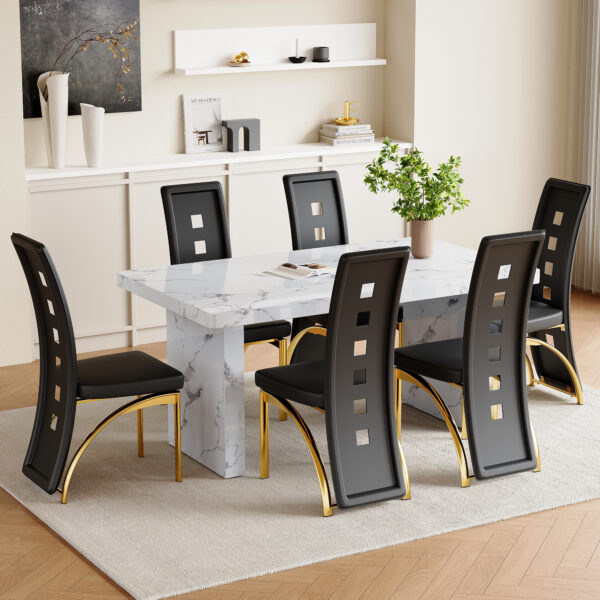 3fe3e20d69b2492997c8c098fbdde786_476861618bc855a141fec387ddbf8711 Table and chair set.63"*35.4" White Imitation Marble Pattern MDF Dining Table Set - 6 PU Chair With Black Saddleback, Geometric Pattern Backrest,Golen Curved Metal Leg..Suitable For Various Scenes.