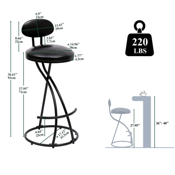 Bar Stools Upholstered Counter Height Barstools for Kitchen Island Set of 2 Modern PU Leather Dining Chairs with Footrest (Black)