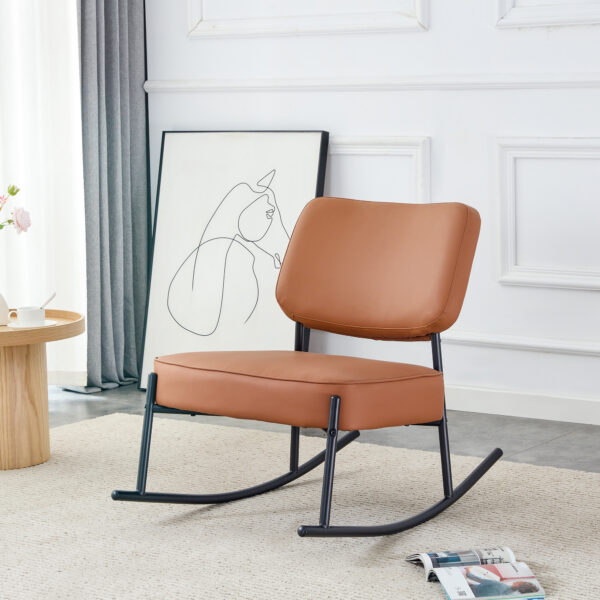 PU material cushioned rocking chair, unique rocking chair, cushioned seat, brown backrest rocking chair, black metal legs. Comfortable side chairs in the living room, bedroom, and office
