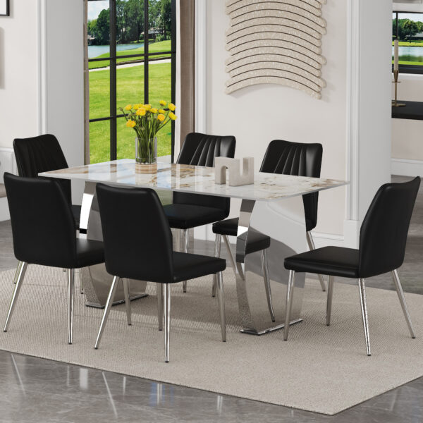 403a0ee6d1b24e049c84b8b4a7b78a66_0a504874f4dbce7abb307101515d4107 Table and chair set.63*31.4 Inch Pandora Patterned Sintered Stone Dining Table Set - 6 Shell Textured Black Chairs, Modern Light Luxury.Perfect For Dinner Room,Meeting Room,Kitchen,etc.