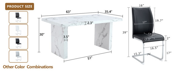 40573a23a4234ea3a7b01e810742691b_cb212e3a5faad8d7083505b010b90e21 Table and chair set.63"*35.4" White Imitation Marble Pattern MDF Dining Table Set - 4 Soft and Comfortable Black PU Chair With Arched Metal Silver Leg.Create Your Exclusive Low-Key Luxury Space.