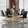 Table and chair set.Modern Luxurious Transparent Tempered Glass Dining Table Set with 6 Chairs.Single Fork Golden Metal Table Legs.Black high-quality PU dining chairs with golden metal legs.